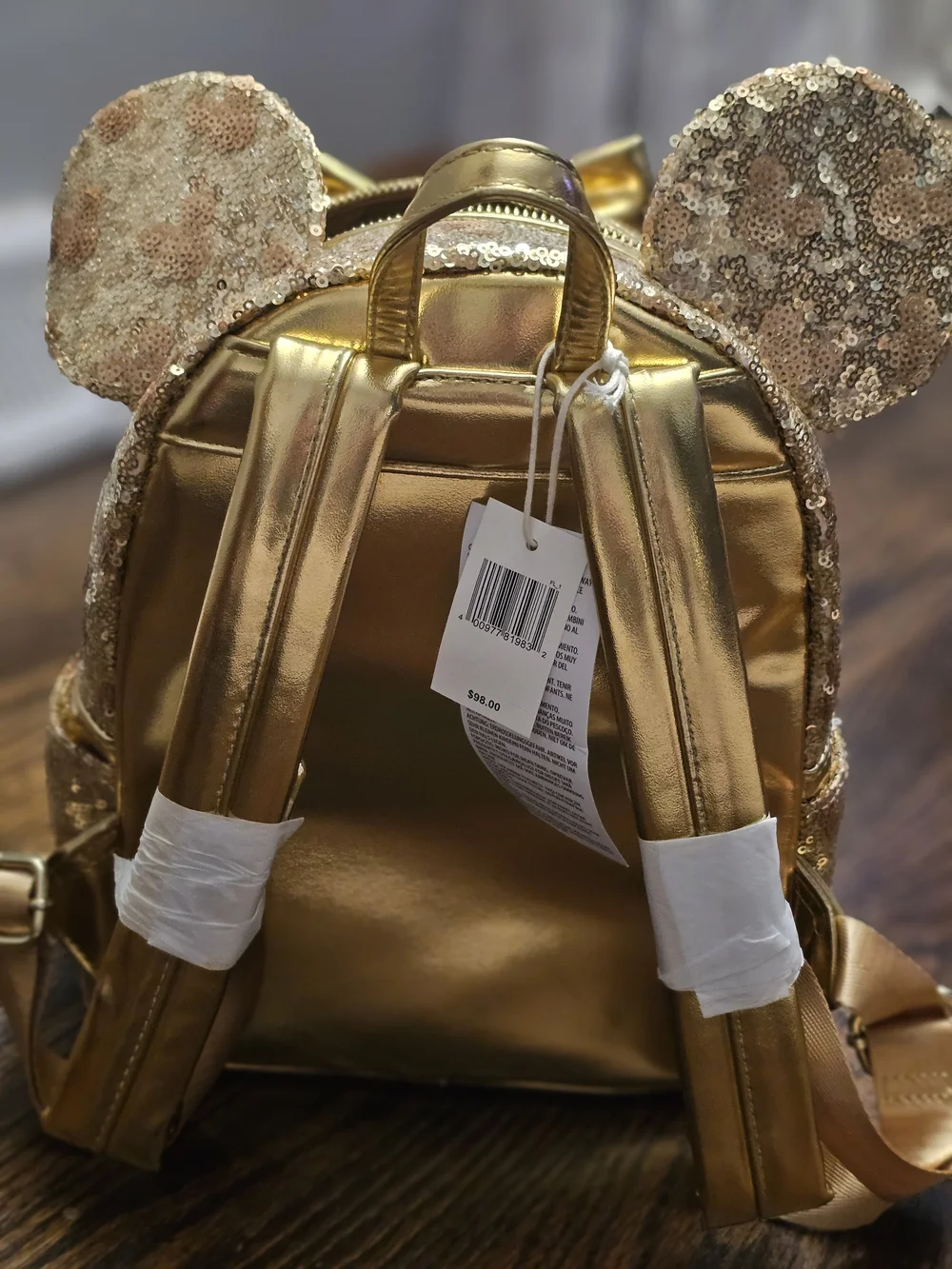 Disney Gold Sequin Minnie Ear Mini Backpack with Metallic Bow